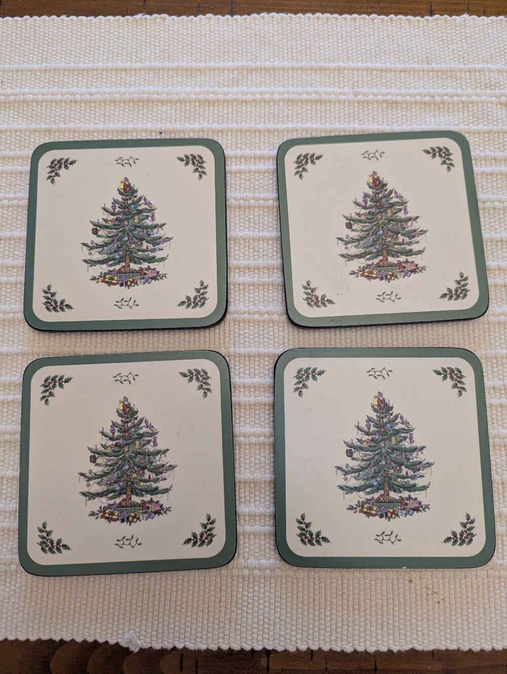 Pimpernel Holiday Tree Square Coasters in Green and Cream